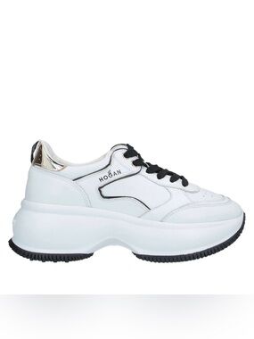 Hogan White Leather Platform Sneaker with Black Laces and gold Heel